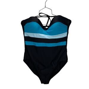 SANDFLOWER Blue & Black Retro Colorblock Curvy One Piece Swimsuit Sz‎ Large